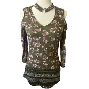 Olive Green Floral Cold Shoulder Top Choker Neck O-Ring Boho 3/4 Sleeve Small
